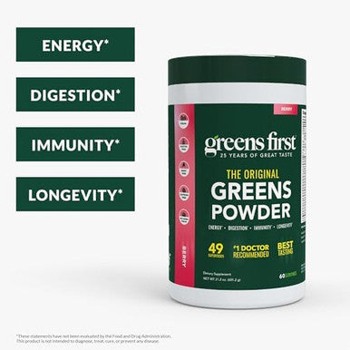 Greens First Original Greens Powder 49 Superfoods Organic Fruits & Veggies Prebiotics (Berry 60 Servings)