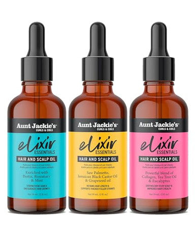 Aunt Jackie'S Curls & Coils Elixirs Essentials Hair & Scalp Oils Collection Biotin Rosemary & Mint Collagen Tea Tree & Eucalyptus Saw Palmetto Jamaican Black Castor & Grapeseed Oils (3 Products