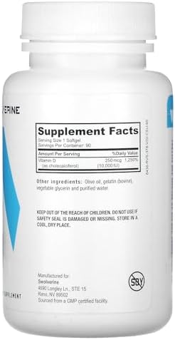 Swolverine Vitamin D3 Healthy Muscle Function Bone Health Immune Support Mood Support 10000 IU Encapsulated in Olive Oil for Optimal Absorption (90 Soft Gels)