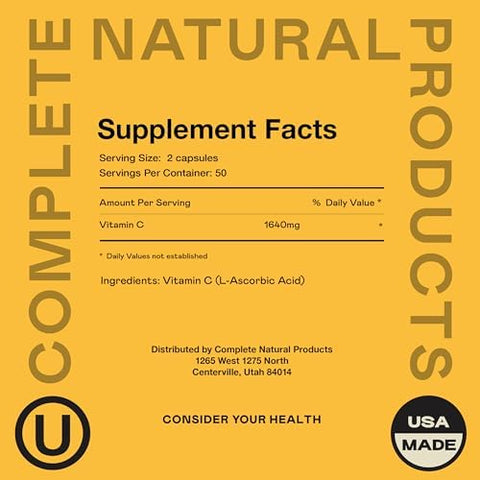 Complete Natural Products Vitamin C Capsules - Pure Vitamin C Liposomal Capsules Immune Support Enhanced Absorption Antioxidant Defense