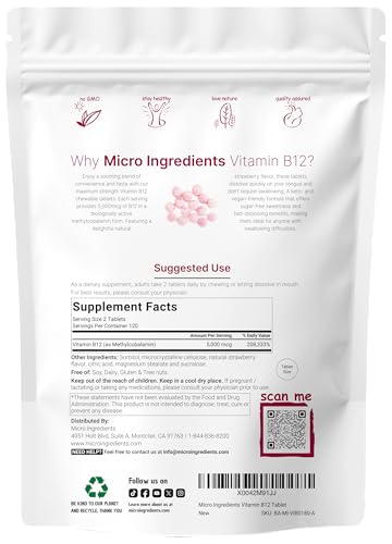 Micro Ingredients Vitamin B12 5000 Mcg Methylcobalamin 240 Chewable Tablets Fast Dissolve Natural Strawberry Flavor Vegan Non-Gmo Gluten Free