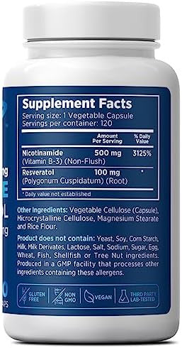 Nicotinamide 500 Mg With Resveratrol 100 Mg 120 Veggie Capsules - Vitamin B3 No-Flush, Non-Gmo, Gluten-Free, Made In Usa
