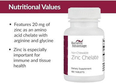 Bariatric Advantage Non Chewable Zinc Chelate, Highly Absorbable 20 Mg Zinc Arginine And Zinc Glycine Tablets For Bariatric Surgery Patients - 180 Tablets