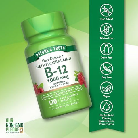 Nature's Truth B12 Vitamin Sublingual Tablets 1000 mcg 120 Count Vegan NonGMO and Gluten Free Vegan NonGMO and Gluten Free
