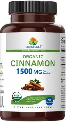 Brieofood Organic Cinnamon 1500Mg, 45 Servings, Vegetarian, Gluten , 90 Vegetarian Tablets
