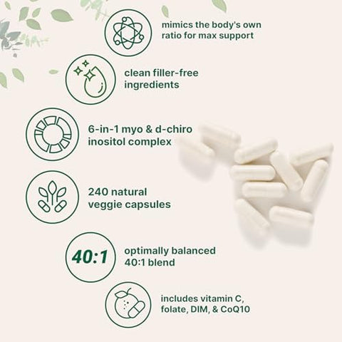 MyoInositol and DChiro Inositol 2050Mg 240 Veggie Capsules + Vitamin C Folate Dim and Coq10 Inositol Supplement For Women 401 Ratio Hormonal Balance and Ovarian Support Filler