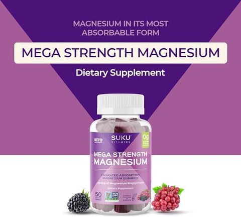 SUKU Vitamins Mega Strength Magnesium 177 mg of Magnesium Bisglycinate Gummies for Muscle Function Easy to Chew Non GMO Gluten Sugar Free Grape BlackBerry Flavored Gummy Vitamins (50 Count)