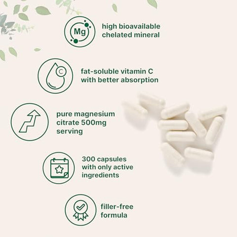 Micro Ingredients Pure Magnesium Citrate Supplements 500Mg 300 Capsules Fat-Soluble Vitamin C Added 100 Chelated Only Active Ingredients