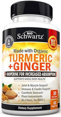 Organic Turmeric Curcumin And Ginger 95% Standardized Curcuminoids With Bioperine Black Pepper Extract For Ultra High Absorption Natural Joint Support Supplement Gluten 60 Capsules