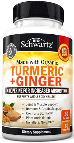 Organic Turmeric Curcumin And Ginger 95% Standardized Curcuminoids With Bioperine Black Pepper Extract For Ultra High Absorption Natural Joint Support Supplement Gluten 60 Capsules