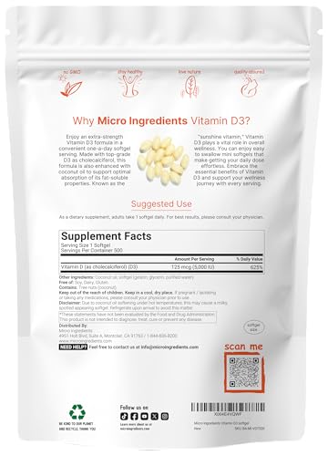 Micro Ingredients Vitamin D3 5000 Iu 500 Softgels Virgin Coconut Oil Cholecalciferol Form Bone Immune & Heart Support Easy To Swallow Non-Gmo