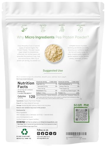 Micro Ingredients North America Grown Organic Pea Protein Powder 1Kg (2.2 Pounds) Plant-Based Vegan Protein Meatless Protein Supplement Natural Branched Chain Amino Acids Non-Gmo Soy Free