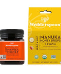Wedderspoon Raw Premium Manuka Honey KFactor 16 (8.8 Oz, Pack of 1) and Manuka Honey Drops Lemon & Bee Propolis (20 Count, Pack of 1) - Genuine New Zealand Honey, Perfect Remedy For Dry Throats