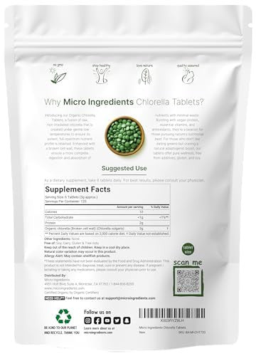 Micro Ingredients Organic Chlorella Tablets 500Mg Per Tablet 720 Tabs (360 Grams) 4 Months Supply Broken Cell Wall Rich In Vegan Protein & Vitamins No Filler No Additives & Non-Gmo Pure Green Algae Superfood