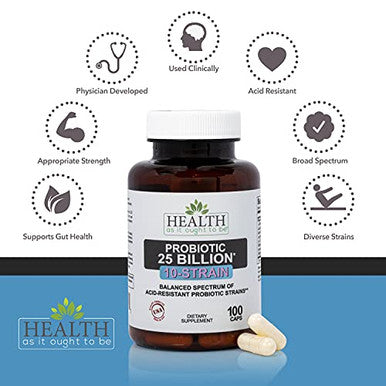 Health As It Ought To Be Probiotic (10 Strain) 25 Billion Cfus Supplement | Physician Formulated Balanced Spectrum Of Acid|Resistant Probiotic Strains 100 Veggie Caps