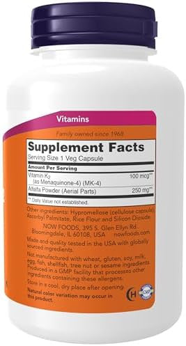 Now Foods Supplements Vitamin K2 100 Mcg Menaquinone4 (Mk4) Supports Bone Health 250 Veg Capsules