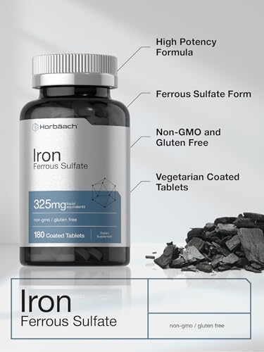 Horbaach Iron Supplement Tablets 180 Count Ferrous Sulfate Vegetarian NonGMO and Gluten Free