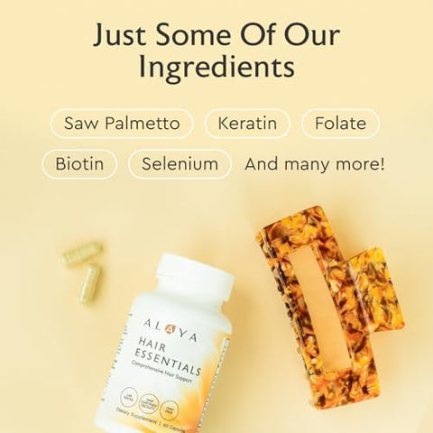 Alaya Hair Essentials Hair Supplement with Biotin Keratin Folate Vitamin B12 B6 Lab Tested Gluten Free 30 Day Supply