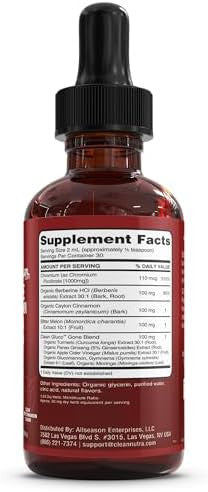 Organic Ceylon Cinnamon Berberine Liquid Drops Supplement With Bitter Melon Extract, Glucomannan, Gymnema, Chromium, Turmeric, Organic Panax Ginseng, Apple Cider Vinegar, Moringa Powder Vegetarian