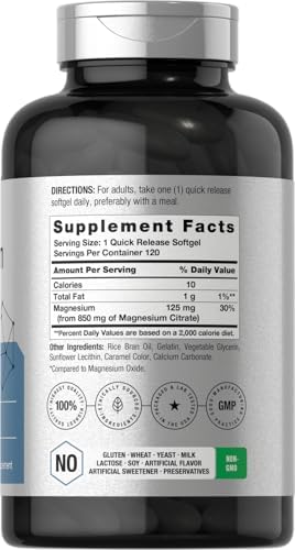 Horbaach Magnesium Citrate 850mg 120 Softgels Superior Absorption NonGMO and Gluten Free Formula