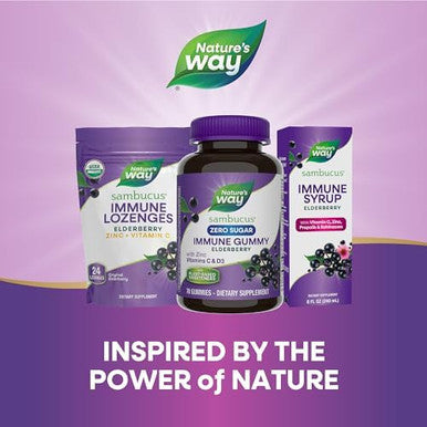 Nature'S Way Sambucus Zero Sugar Immune Gummies, Daily Immune Support, Black Elderberry Extract, Vitamin C, Vitamin D3, Zinc, Sugar Free, Sugar Alcohol Free, Plant-Based Sweeteners, 70 Gummies