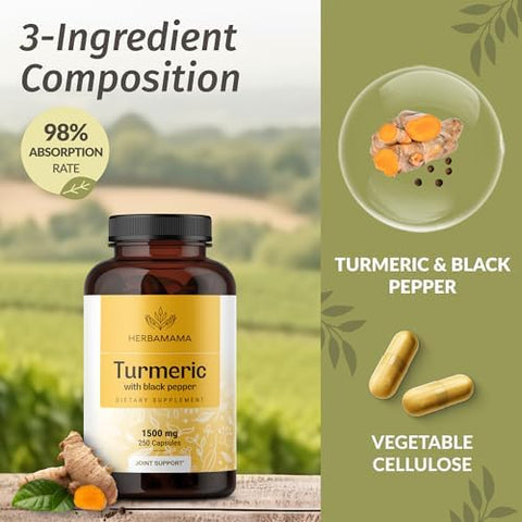 Herbamama Curcumin Turmeric Capsules - 1500Mg Curcuma Longa And Black Pepper Extract For Uric Acid & Digestive Support - Vegan Non-Gmo Turmeric Antioxidant Supplement 250 Caps