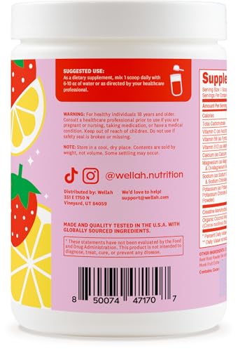 Wellah Creatine Electrolytes Powder (Strawberry Lemonade) 30 Servings - Hydration Drink Mix With 3G Of Creatine Monohydrate
