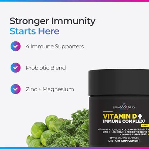 Livingood Daily Vitamin D3 K2 4000 IU Supplement 9in1 Dietary Supplement for Immune Support Made with Vitamins D A E K2 Zinc Magnesium and Probiotic Blend for Maximum Absorption 60 Capsules