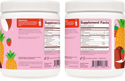 Wellah Creatine For Women (50 Servings Strawberry Pina Colada) - Creatine Monohydrate With Dandelion & Cranberry Extract