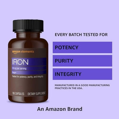 Elements Iron 18Mg Capsules, Supports Red Blood Cell Production, Vegan, 195 Count, 6 Month Supply (Packaging May Vary)