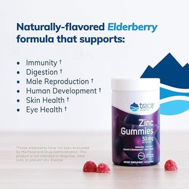 Trace Minerals Zinc Gummies - Chewable Zinc Supplement With Elderberry - Supports Immune System Health - Supplement To Aid Healthy Digestion & Development - Elderberry, 60 Gummies (30 Servings)