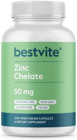 Bestvite Zinc Chelate 50Mg (240 Vegetarian Capsules) - No Stearates - No Dicalcium Phosphate - Vegan - Non Gmo - Gluten Free