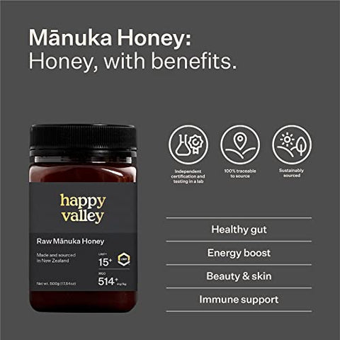 Happy Valley UMF 15+ | MGO 514+ Raw Manuka Honey Ã¢â‚¬â€œ Certified UMF, Unpasteurized, Monofloral, 500g / 17.6oz Jar | Traceable from Hive-to-Table, Immune Support, Skin & Daily Wellness Ã¢â‚¬â€œ Product of New Zealand