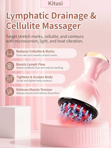 Kitusi Lymphatic Drainage Massager & Anti Cellulite Massage Tool For Legs Arms & Belly BodyHelps Reduce Stretch Marks & CelluliteWith Microcurrent Light Heat & Vibration - Pink