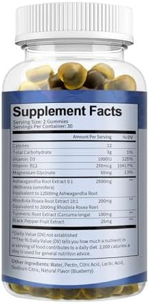 Totaria Sugar Ashwagandha Filled Gummies W/Vitamin D3, Magnesium Glycinate, Rhodiola, Ultra Strength Ashwa Root Supplements For Women & Wen, For Relaxation, Energy, Cortisol Gummies