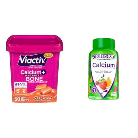 Viactiv Calcium Chews and vitafusion Calcium Gummies 60 Chews and Bone and Teeth Health Supplements 100 Count