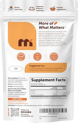 Micro Ingredients Zinc Picolinate 100 Mg Per Serving 300 Softgels Zinc Supplement For Women & Men Made With Mct Oil Non-Gmo