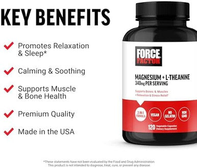 Force Factor Magnesium + Ltheanine Magnesium Bisglycinate Supplement To Support Bones Muscles Nerves Relaxation And Mood Vegan No Gelatin Nongmo 120 Vegetable Capsules