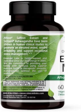 Emerald Labs Elevated Mood - Stress Management Supplement With Sensoril Ashwagandha Extract & Affron Saffron Extract - 60 Vegetable Capsules (30-Day Supply)