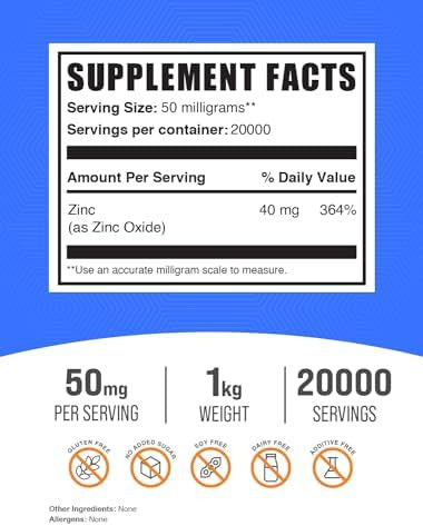 Bulksupplements.Com Zinc Oxide Powder - Zinc 40Mg, Zinc Oxide Supplement, Zinc Powder For Immune Support - Gluten Free, 50Mg Per Serving, 100G (3.5 Oz) (Pack Of 1)