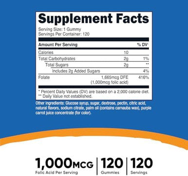 Nutricost Folic Acid (Vitamin B9) Vegetarian Gummies (120 Gummies / 1 Mg Folic Acid Per Serving) Folic Acid Supplement For Men & Women