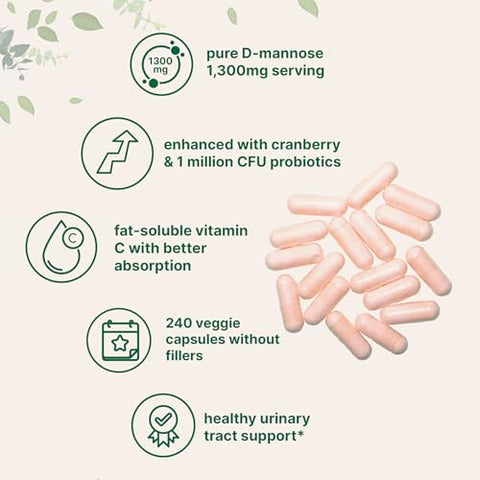 Micro Ingredients Pure D Mannose 1300Mg With Cranberry & Probiotics 240 Veggie Capsules Urinary Tract Health For Women Plus 1 Million Cfu Probiotics Blend & High Absorption Vitamin C Filler Free Non-Gmo
