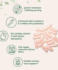 Micro Ingredients Pure D Mannose 1300Mg With Cranberry & Probiotics 240 Veggie Capsules Urinary Tract Health For Women Plus 1 Million Cfu Probiotics Blend & High Absorption Vitamin C Filler Free Non-Gmo