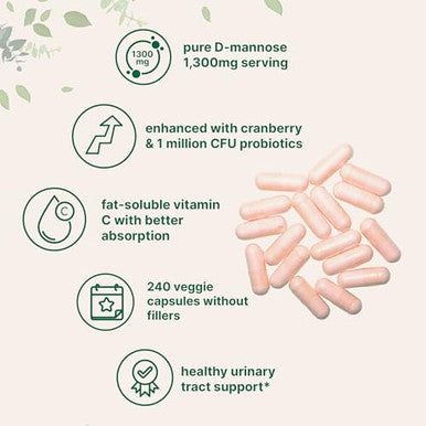 Micro Ingredients Pure D Mannose 1300Mg With Cranberry & Probiotics 240 Veggie Capsules Urinary Tract Health For Women Plus 1 Million Cfu Probiotics Blend & High Absorption Vitamin C Filler Free Non-Gmo