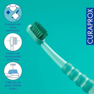 Curaprox Baby Toothbrush For Toddlers And Infants Ultra-Soft Curen Bristles For Gentle Cleaning Green-Green Single Pack
