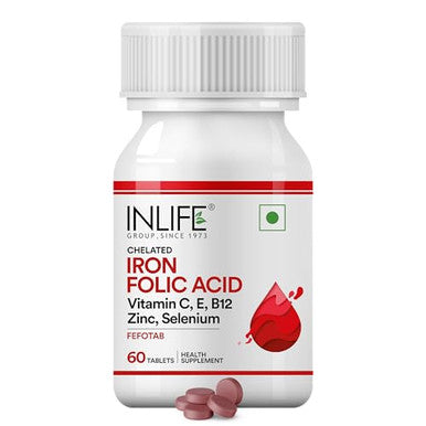 Inlife Chelated Iron Folic Acid Supplement With Vitamin C E B12 Zinc & Selenium For Men Women 60 Tablets