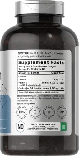 Horbaach Calcium 1200 mg with Vitamin D3 240 Softgels 5000 IU Vitamin D3 Absorbable Calcium Supplement for Women and Men NonGMO Gluten Free