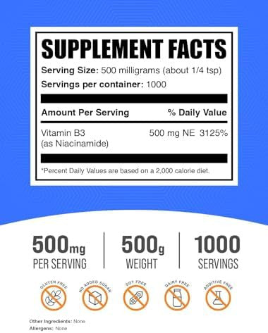 Bulksupplements.Com Niacinamide Powder - Niacinamide Supplement, Vitamin B3 Supplement, Niacinamide 500Mg - B3 Vitamins For Skin Health, Pure & Gluten - 500Mg Per Serving, 250G (8.8 Oz)