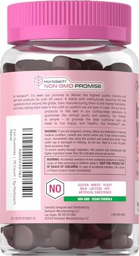 Horbaach Iron Gummies for Women 70 Count Grape Flavor Supplement with B Vitamins Folate and Zinc Vegan NonGMO and Gluten Free