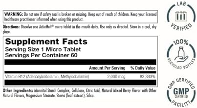 KAL Vitamin B12 Methylcobalamin and Adenosylcobalamin 2000 mcg ActivMelt B12 Energy Supplements Metabolism Nerve Red Blood Cell Support High Absorption Natural Berry 60 Serv 60 Micro Tablets